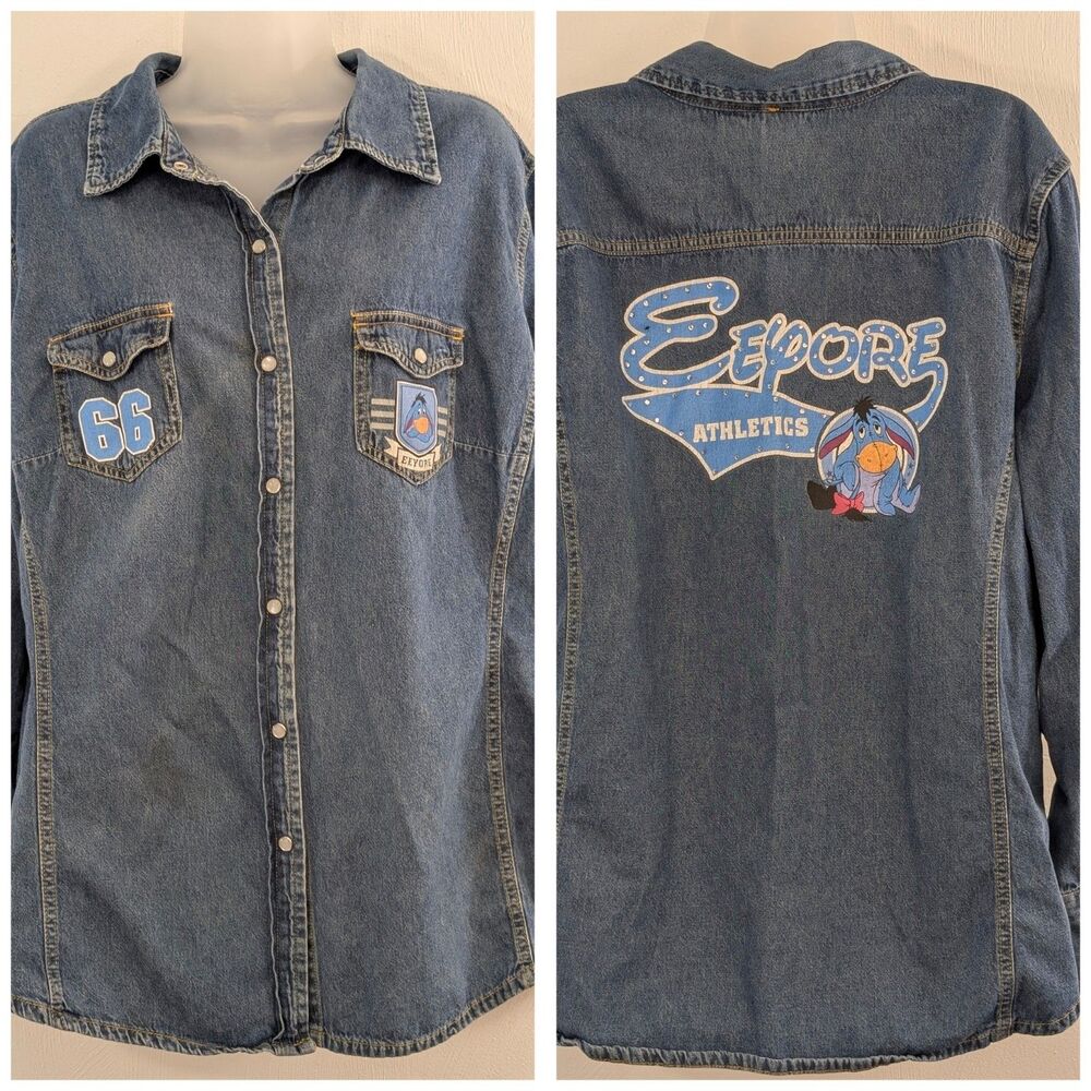 Vintage Disney Denim Shirt Womens 2X Eeyore Athletics Pearl Snap Double Sided